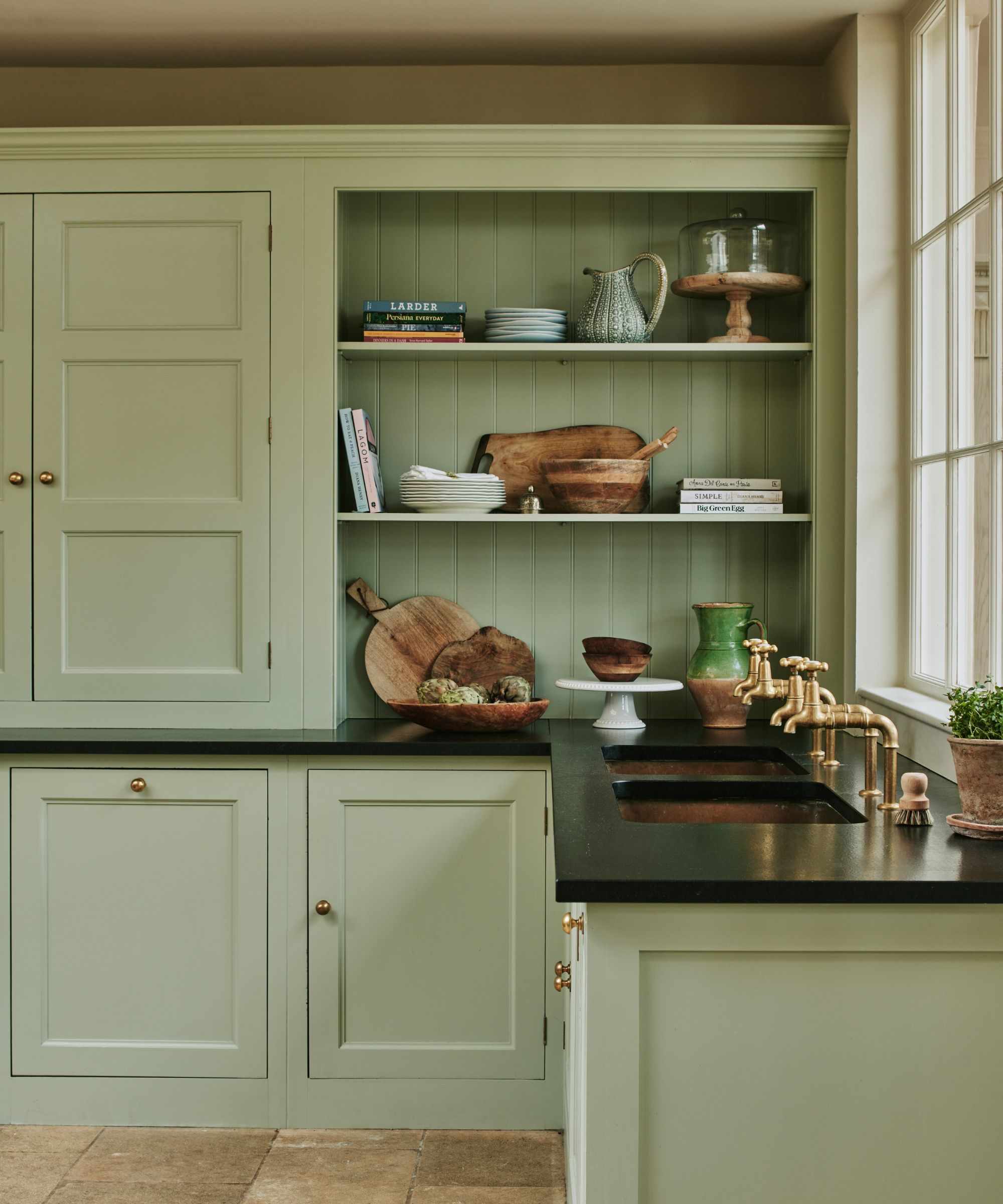 Shaker kitchen in Lichen by Farrow &amp; Ball