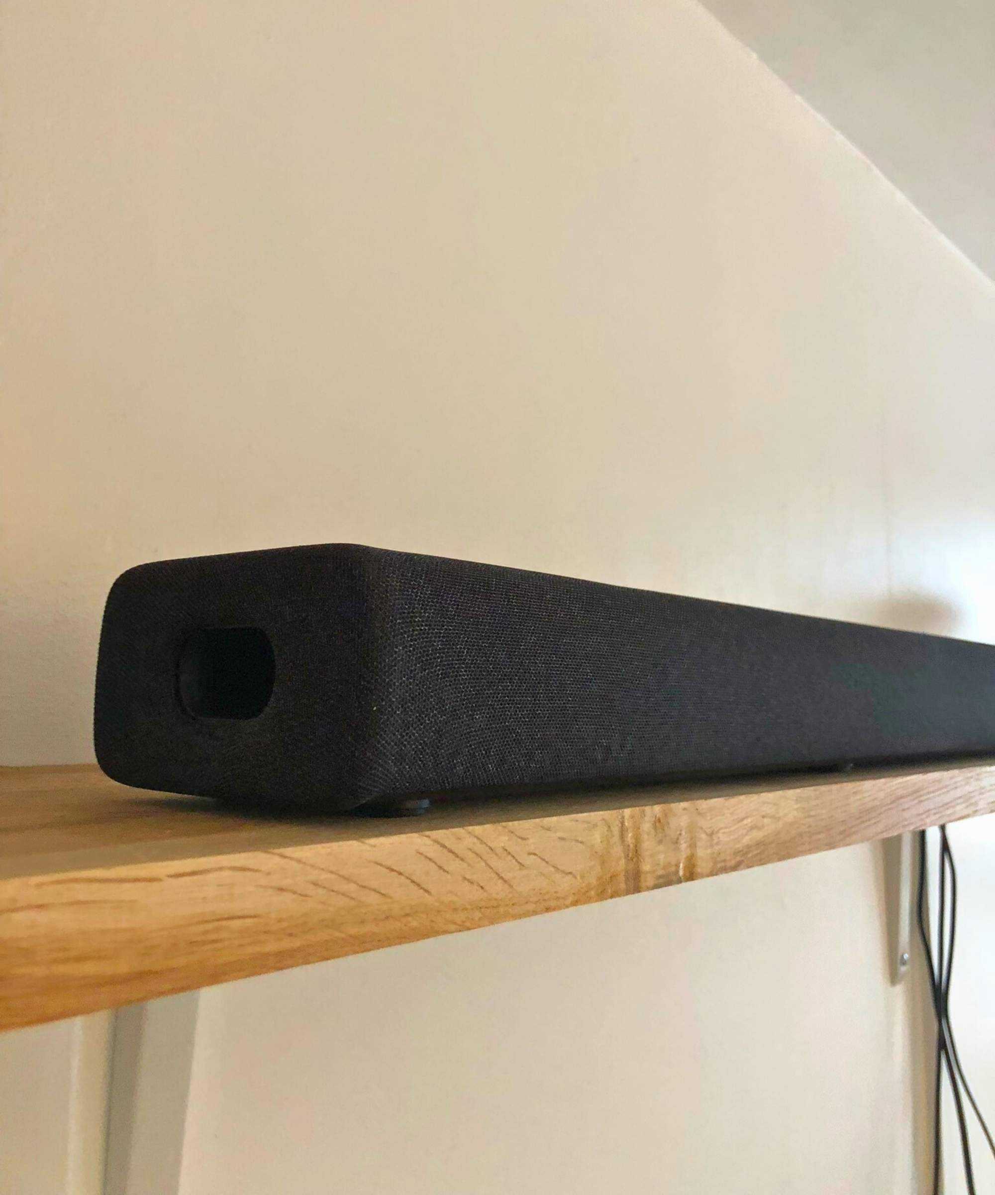 Yamaha True X Bar 40A soundbar on wooden shelf in Dan Fauzi's home.