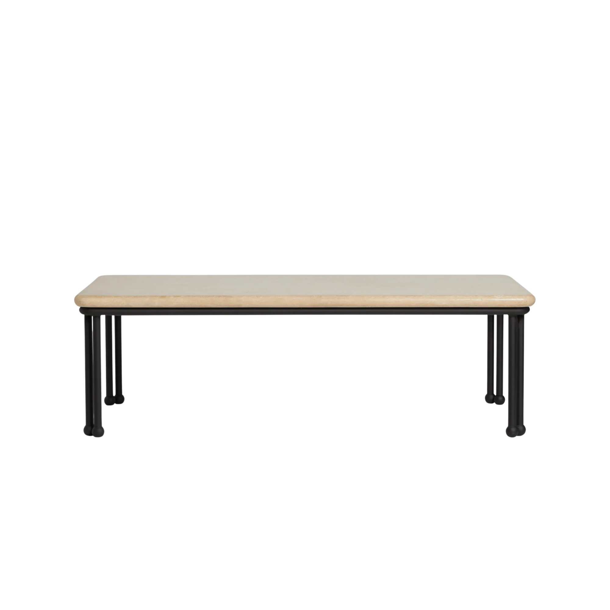 a coffee table with a travertine top and metal legs