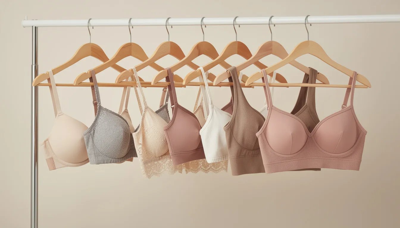 The image showcases a variety of bra styles displayed on hangers, featuring neutral colors that cater to different body types and breast shapes. Each bra is designed to provide the perfect fit, with options for various cup sizes, including D cup and 34D bra size, ensuring comfort and support for everyday wear.