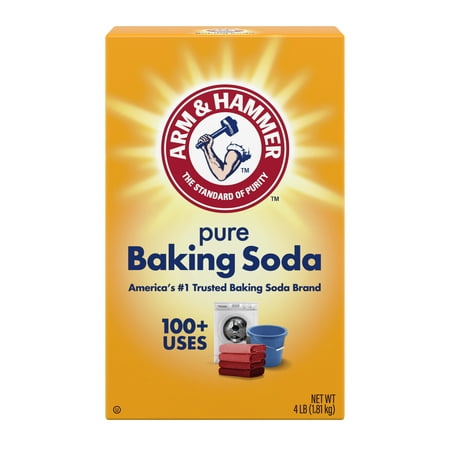 A yellow cardboard box of Arm &amp; Hammer Pure Baking Soda