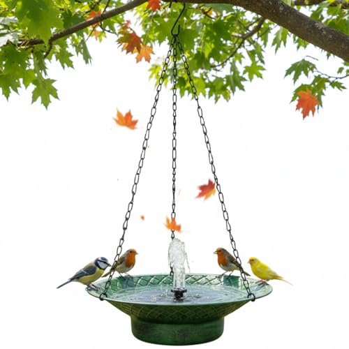 Hanging Bird Bath With Solar Fountain, 12.6" Solar Powered Bird Bath, Metal Hummingbird Fountain Bird Bath for Garden, Patio, Lawn Decor, Green