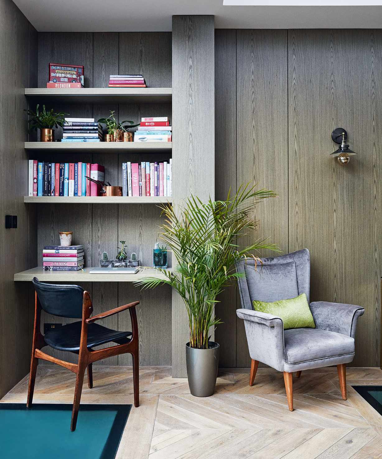 Living room organization with corner desk