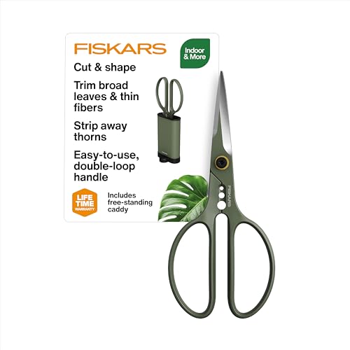Fiskars Plant Shaping Shears &amp; Holder, Precision Indoor Gardening Snips With Storage Caddy, Forged Stainless Steel Blades for Clean Cuts on Broad Leaves, Ambidextrous Handles &amp; Stem Stripper, 6"