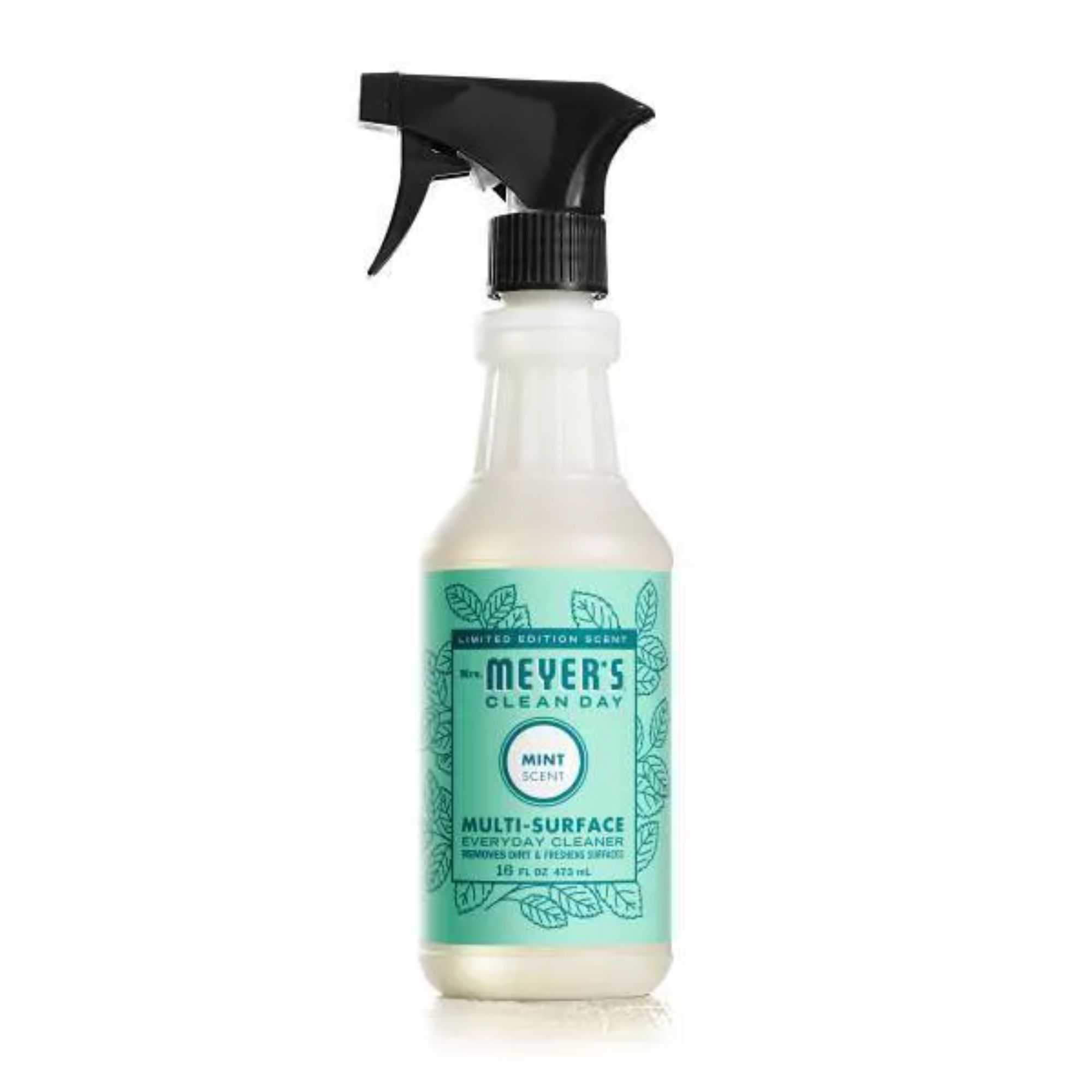 A narrow spray bottle with a black spray lid and a mint green label.