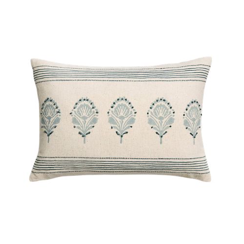 Crate &amp; Barrel, Morgan Organic Cotton Mist Blue Reversible Hand Printed Throw Pillow Cover