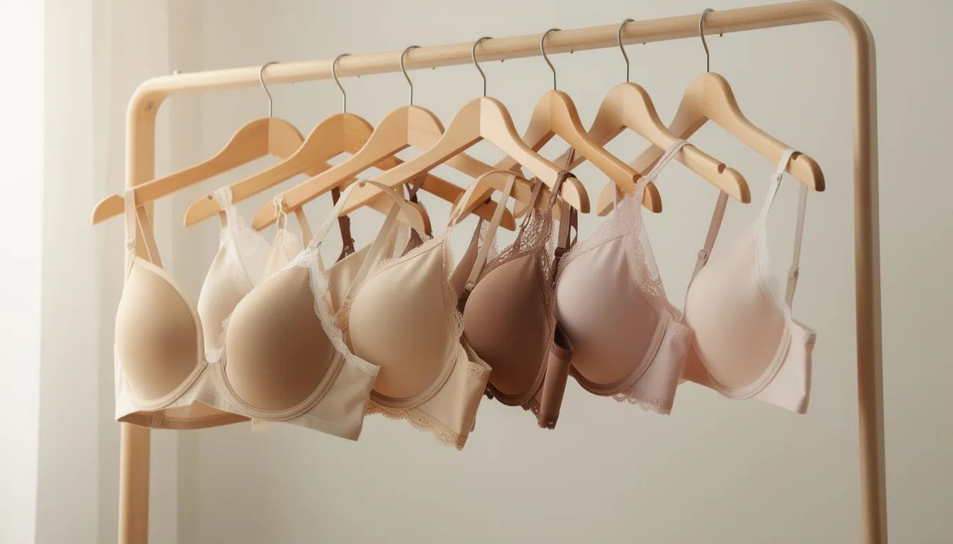 An assortment of neutral-colored bras, showcasing various styles and cup sizes, hangs neatly on wooden hangers. This display highlights the importance of finding the right bra size for a comfortable fit, accommodating different breast shapes and ensuring proper support.