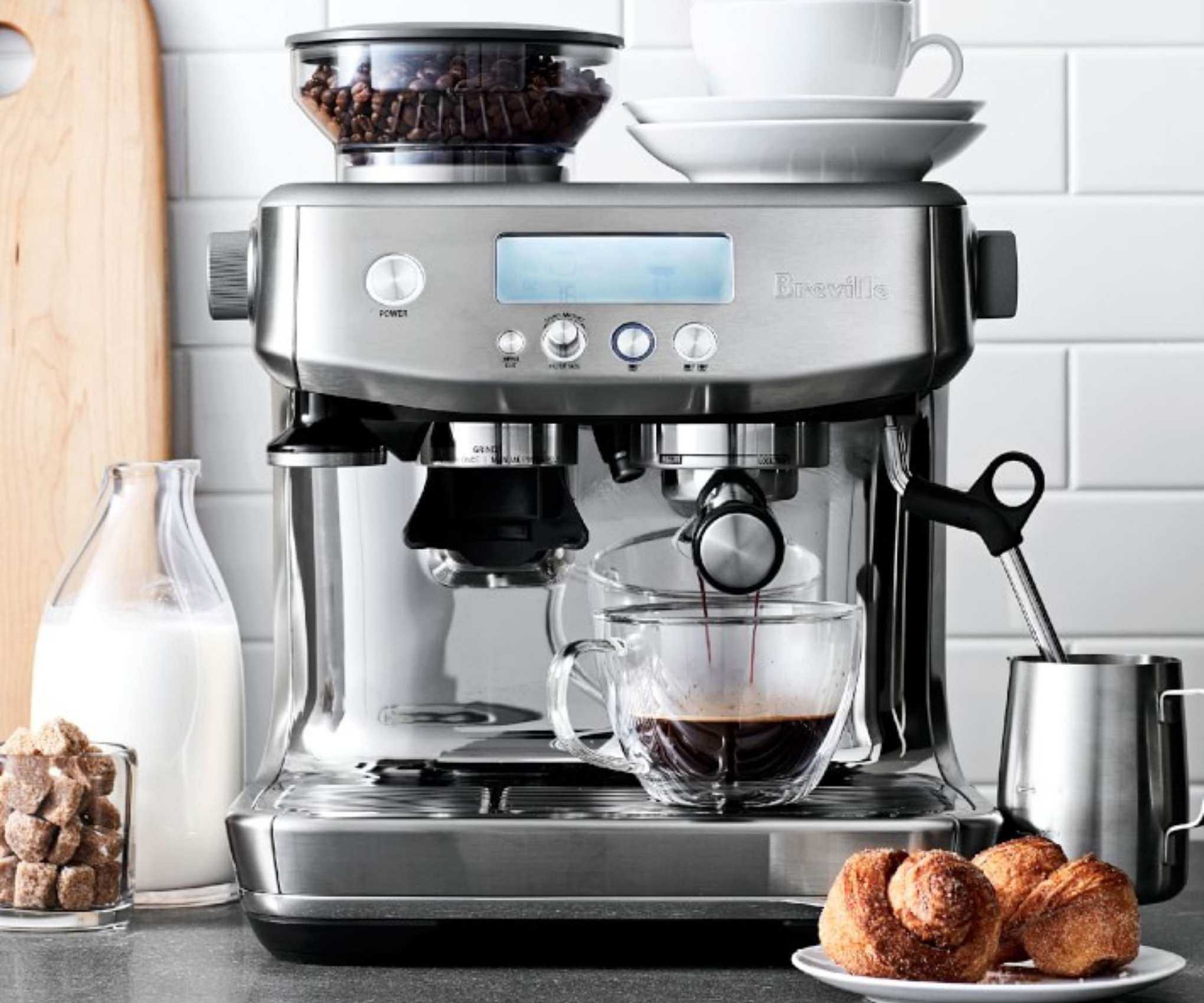 Breville The Barista Pro on the countertop making coffee
