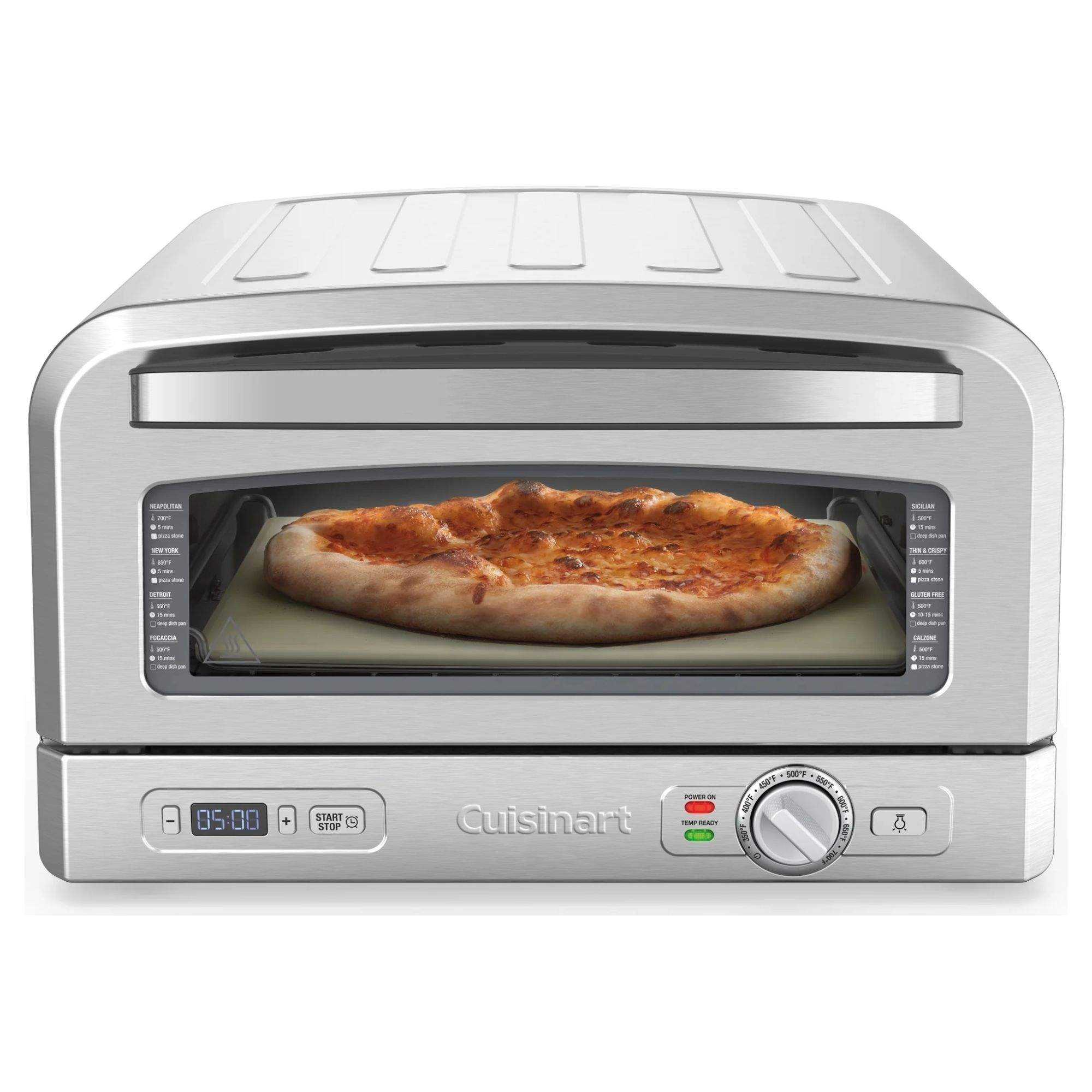 A Cuisinart Indoor Pizza Oven cooking a cheese pizza on a white background