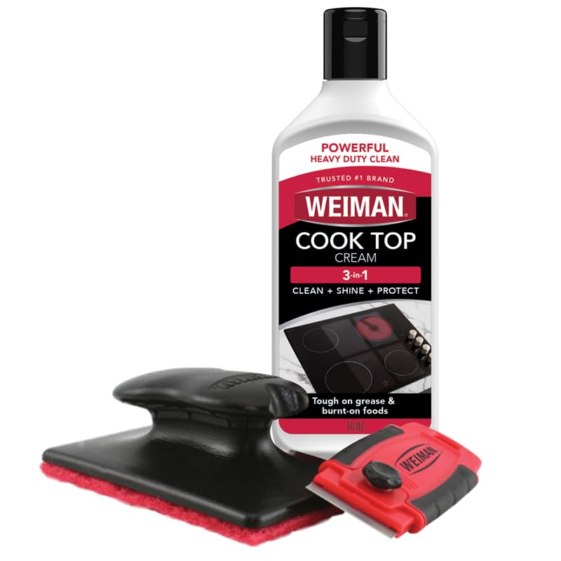 Weiman Glass &amp; Ceramic Cooktop, Stove Top &amp; Oven Cleaner Kit &ndash; Kitchen Cleaner Cream, 3 Scrubbing Pads &amp; Scraper for Burnt-On Food &amp; Grease, Clean Shine - Safe for Induction, Electric &amp; Gas Cooktops