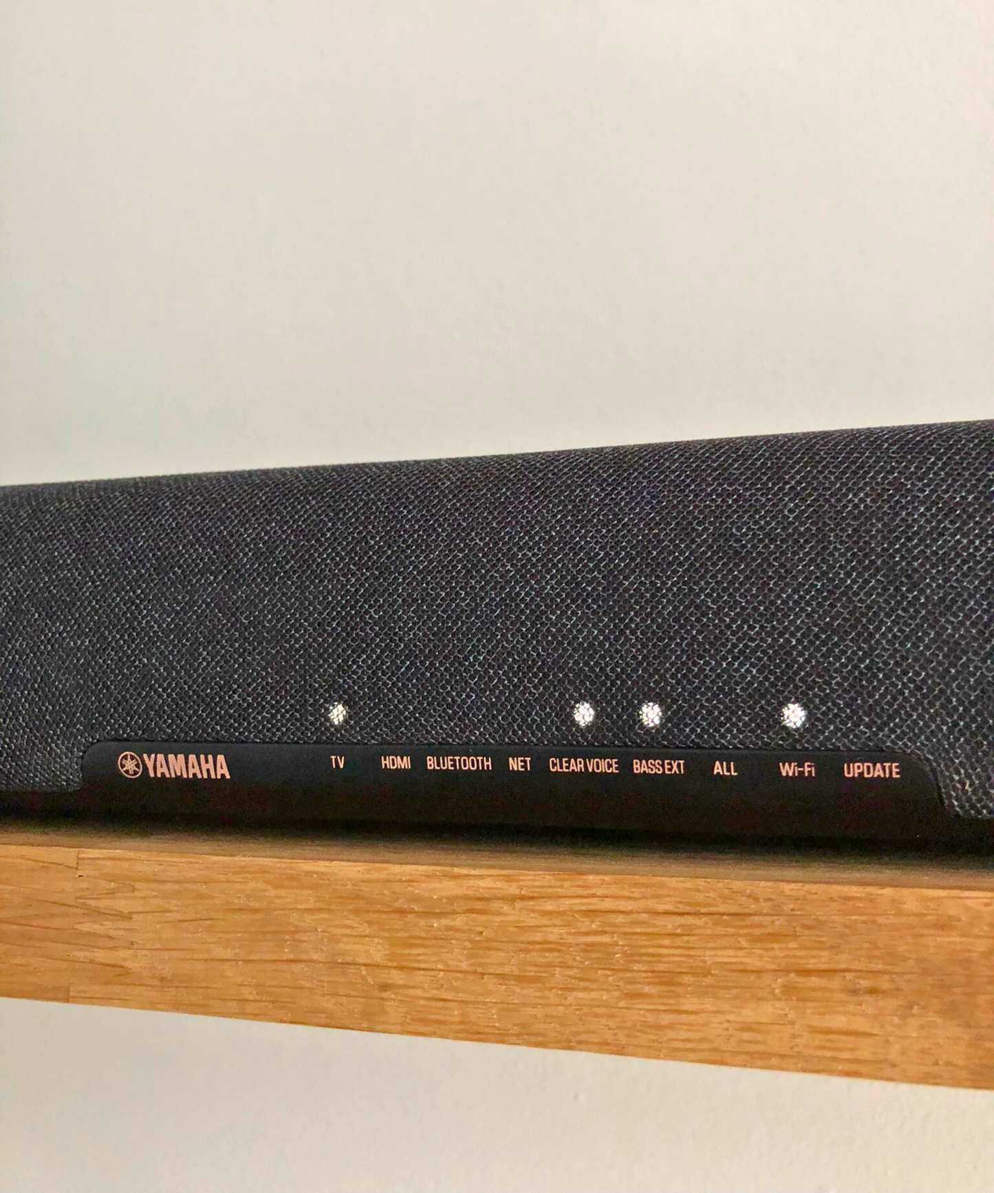 Yamaha True X Bar 50A soundbar on wooden shelf in Dan Fauzi's home.