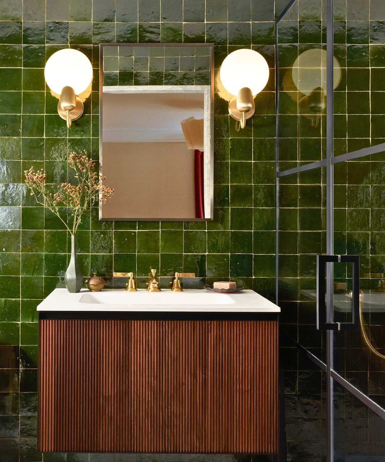bathroom green tiles reeded cabinet
