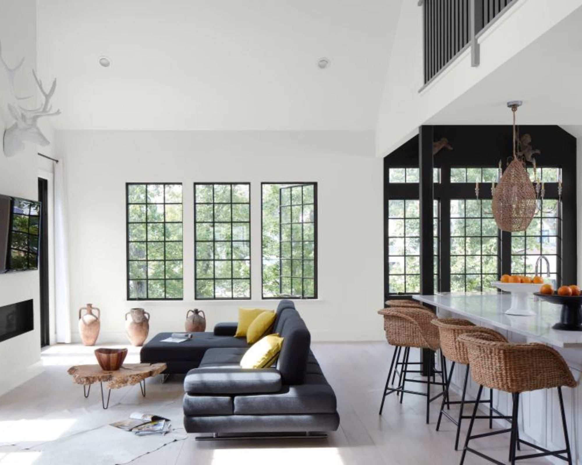 white open plan living and dining room