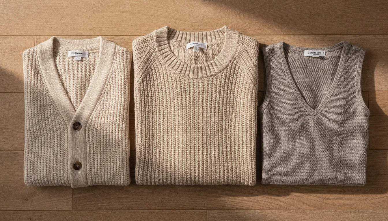 The image features a variety of sweater styles, including a knitted pullover, a buttoned cardigan, and a woolen vest, all neatly arranged on a wooden surface. These garments, made from knitted or crocheted material, showcase different designs and textures, emphasizing comfort and warmth for the upper body.