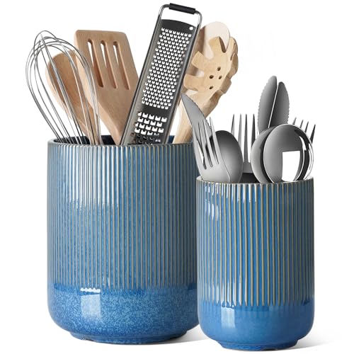 Le Tauci Utensil Holder, 7.3"+5.4" Ceramic Kitchen Utensil Holder for Countertop, Large Cooking Utensil Crocks Gift for Mother's Day, Costal Ocean Home Kitchen Decor, Set of 2,glaze Marble Blue