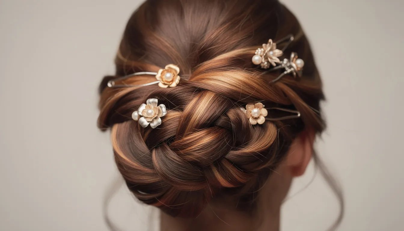 A close-up view showcases decorative bobby pins securing an elegant twisted updo, highlighting the intricate hairstyle and the stylish hair accessories used to hold the locks in place. The bobby pins, designed for durability, add a chic touch to the overall look, perfect for various hair types and lengths.