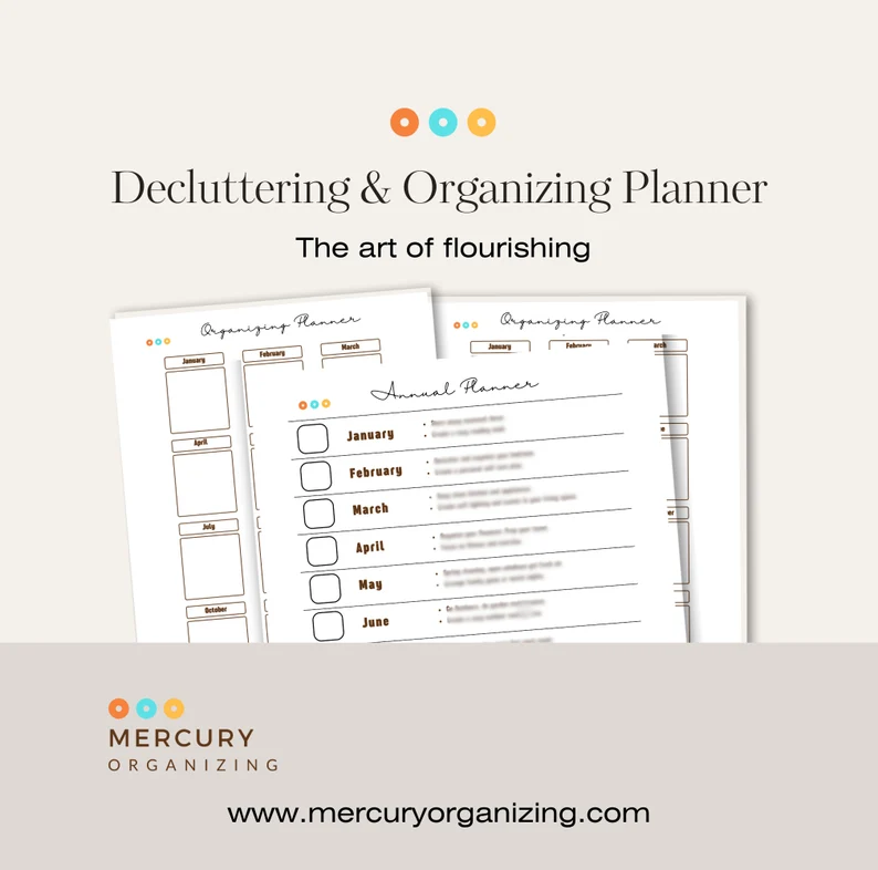 Three sheets of paper with organizing planners printed on them on a pink background.